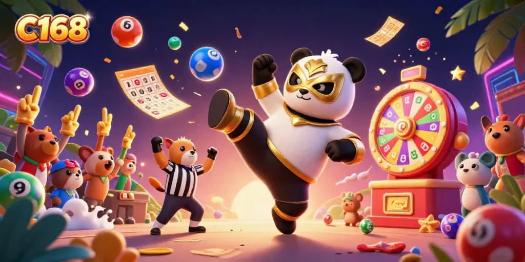 Experience the excitement of C168 casino gaming with a vibrant, animated illustration featuring a panda wrestler and dynamic game elements.