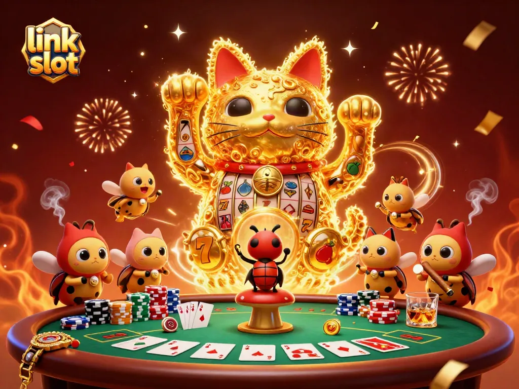 Engage with the link slot concept amidst vibrant casino symbols and energetic characters in this lively illustration.