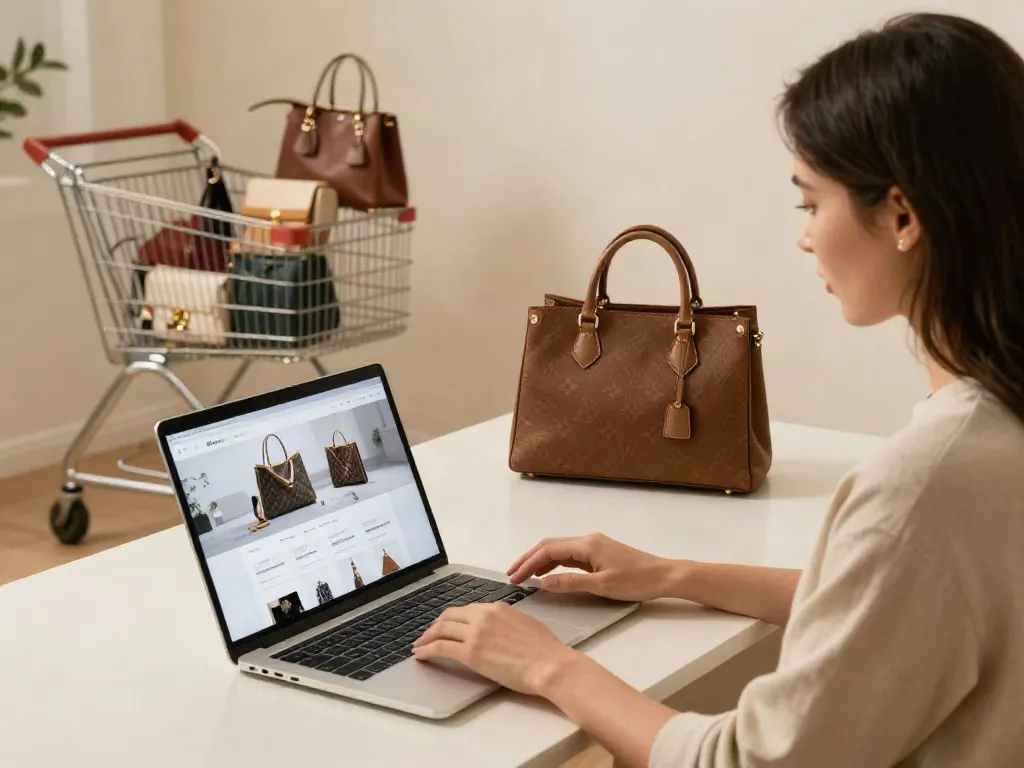 Premium replica bags presented in an online shopping experience, showcasing best deals on e-commerce platform.