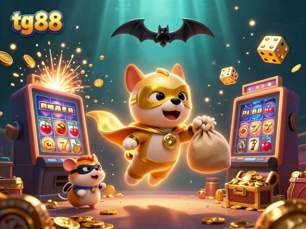 Experience thrilling wins with tg 88 featuring a superhero dog and hamster in an animated casino adventure.