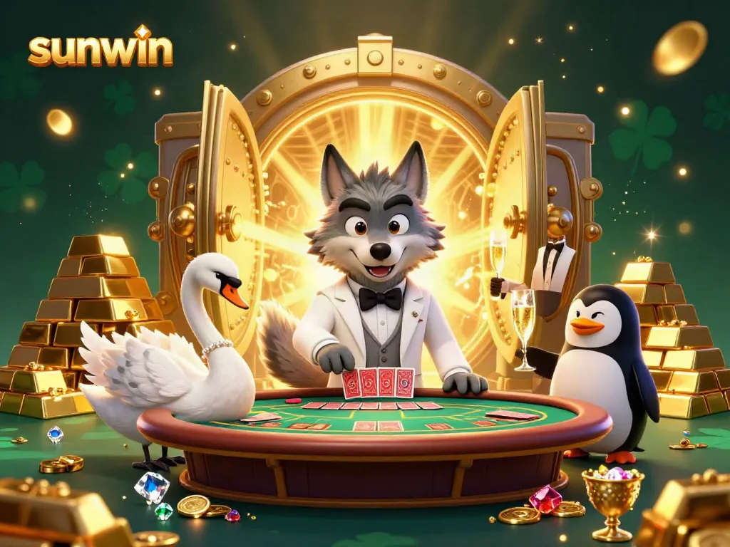 Engage with sunwin's exciting baccarat scene featuring a debonair wolf and elegant characters.