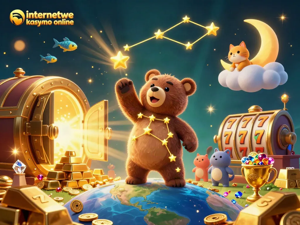 Experience the magic of internetowe kasyno online with a vibrant 3D illustration of treasures and cosmic characters.