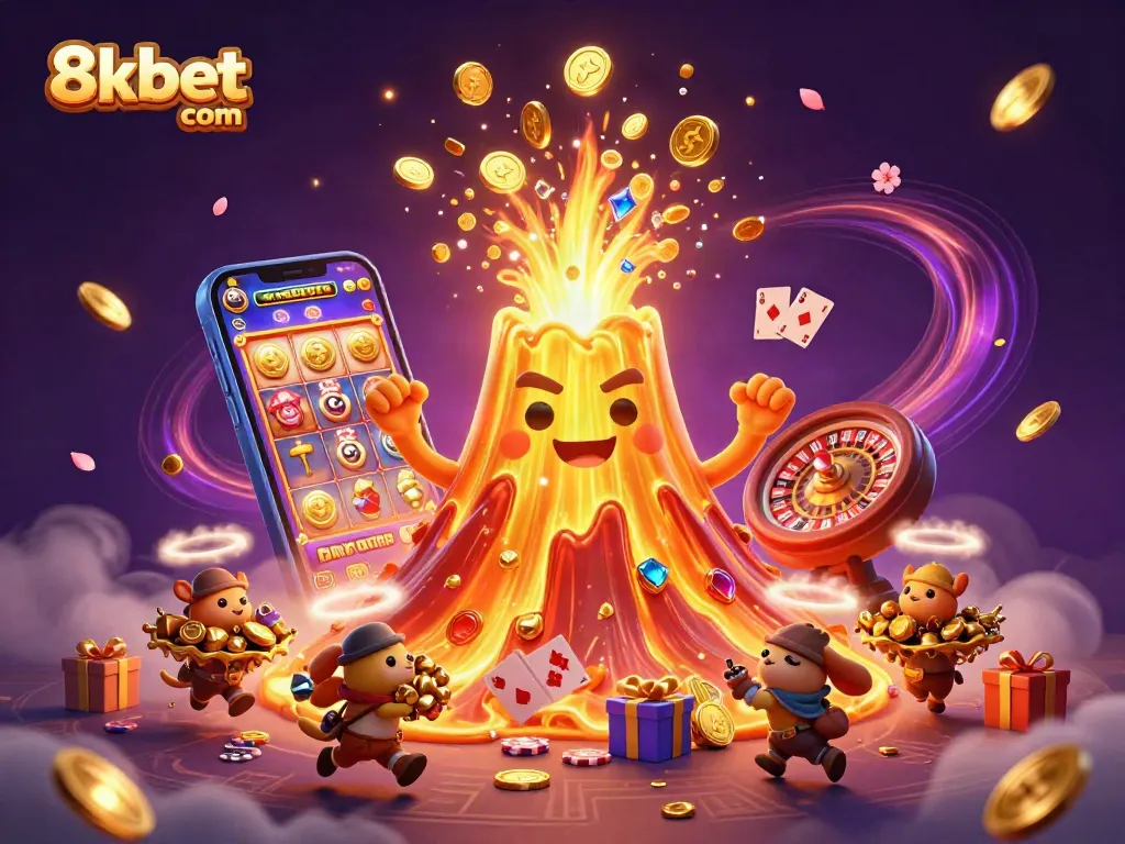 Experience exciting wins at 8xbet com with a vibrant illustration of a golden volcano and treasures!