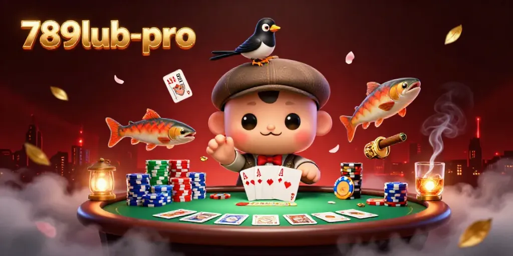 Play poker with 789lub-pro, featuring a playful Nessie, magpie, and tartan salmon in an enchanting casino scene.