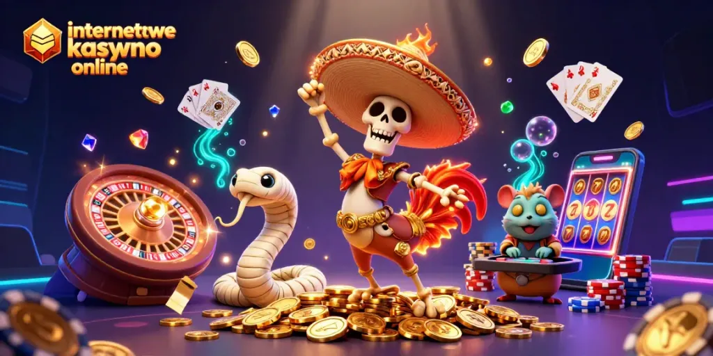Engage with internetowe kasyno online as a 3D cartoon scene full of festive characters, coins, and games.