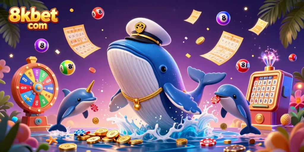 Engage with thrilling games at 8xbet com amidst a vibrant underwater casino scene.