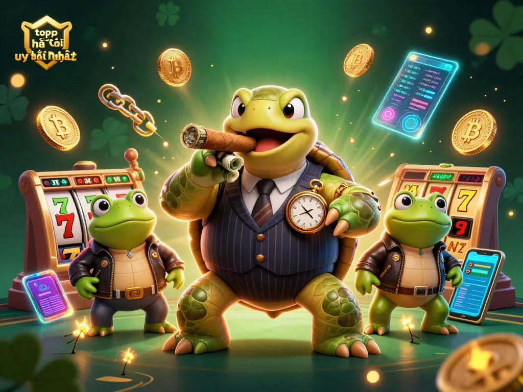Explore the top nhà cái uy tín nhất with cartoon turtle mobsters in a vibrant casino scene.