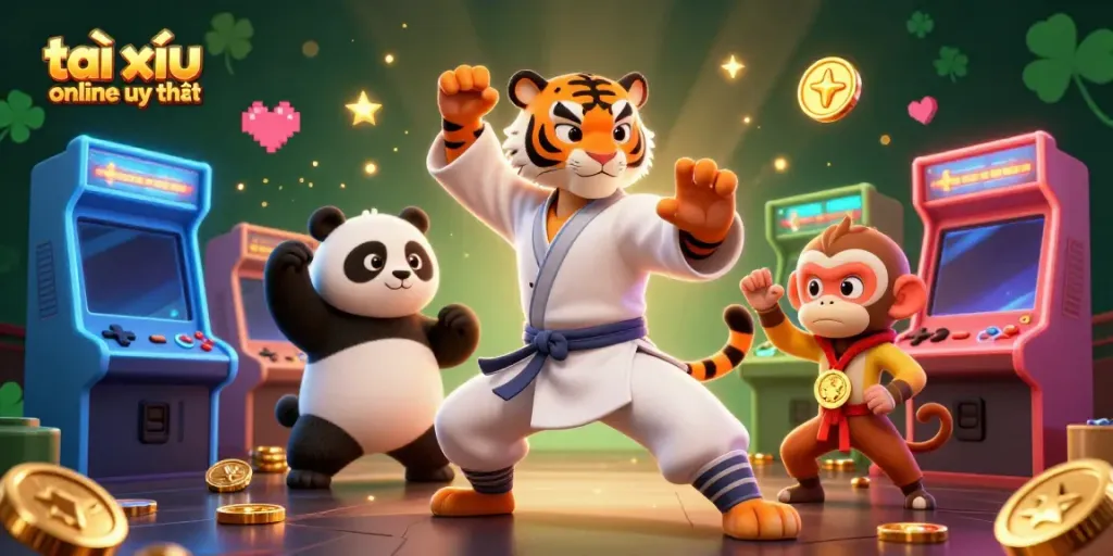 Engage with the action of tài xỉu online uy tín through a vibrant 3D illustration showcasing fun gaming elements and characters.
