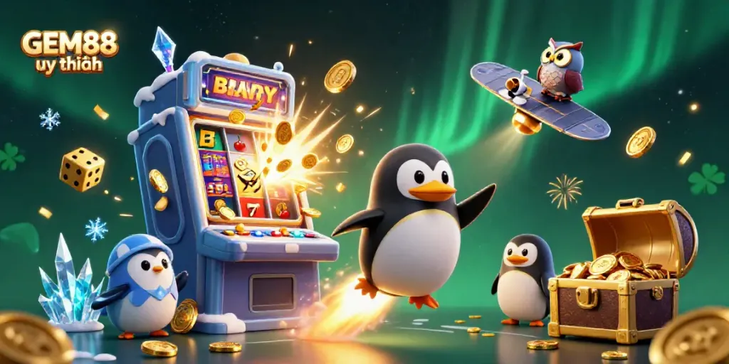 Experience the excitement of GEM88 uy tín with a vibrant casino-themed 3D illustration featuring a golden penguin and slot machine.