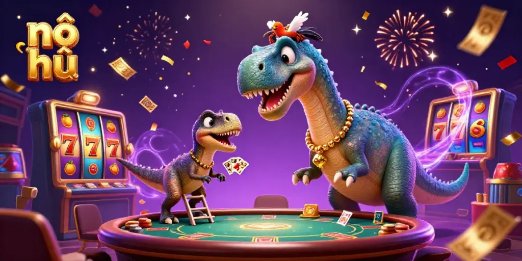 Experience excitement with nổ hũ as a giant brontosaurus oversees the vibrant casino action.