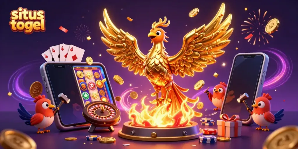 Menyajikan situs togel dengan ilustrasi 3D dari phoenix emas dan elemen permainan yang berkilauan.