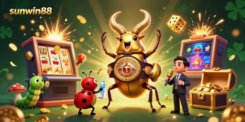 Join the excitement in sunwin88 with a dynamic scene featuring a golden stag beetle and vibrant casino elements.