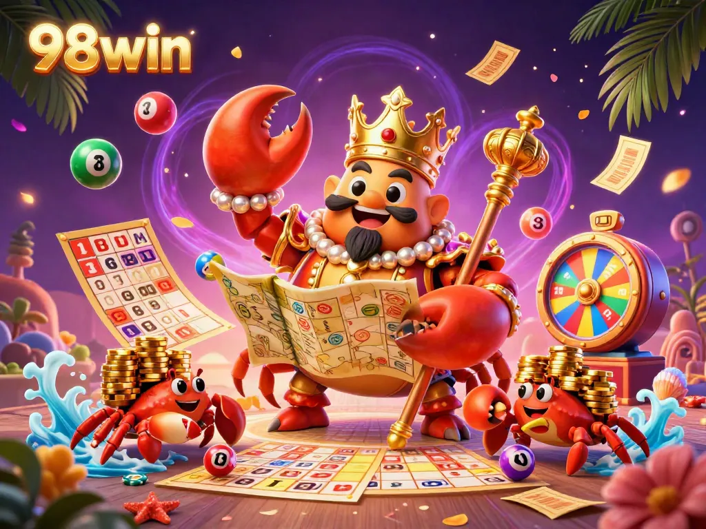 Join the thrilling action at 98win with a golden crab emperor and vibrant gambling elements in this 3D casino scene.