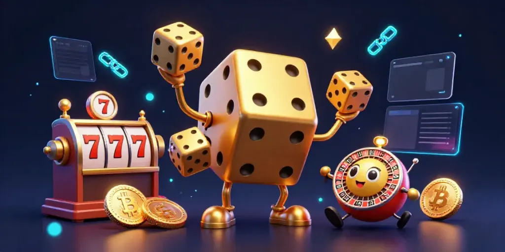 Experience the mm88 thrill with a vibrant 3D dice golem and slot symbols captivating the casino realm.