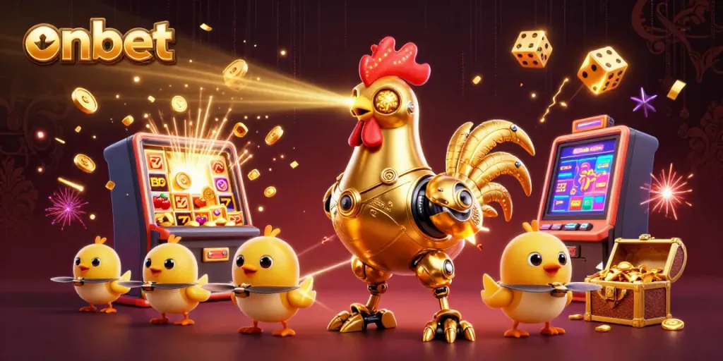 Engage with onbet's vibrant casino experience featuring a futuristic golden rooster robot amidst slot machines and jackpot symbols.