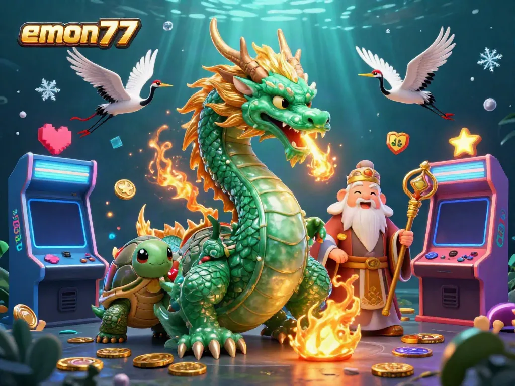 Experience thrilling action with emon77's emerald jade dragon in a vibrant casino world.