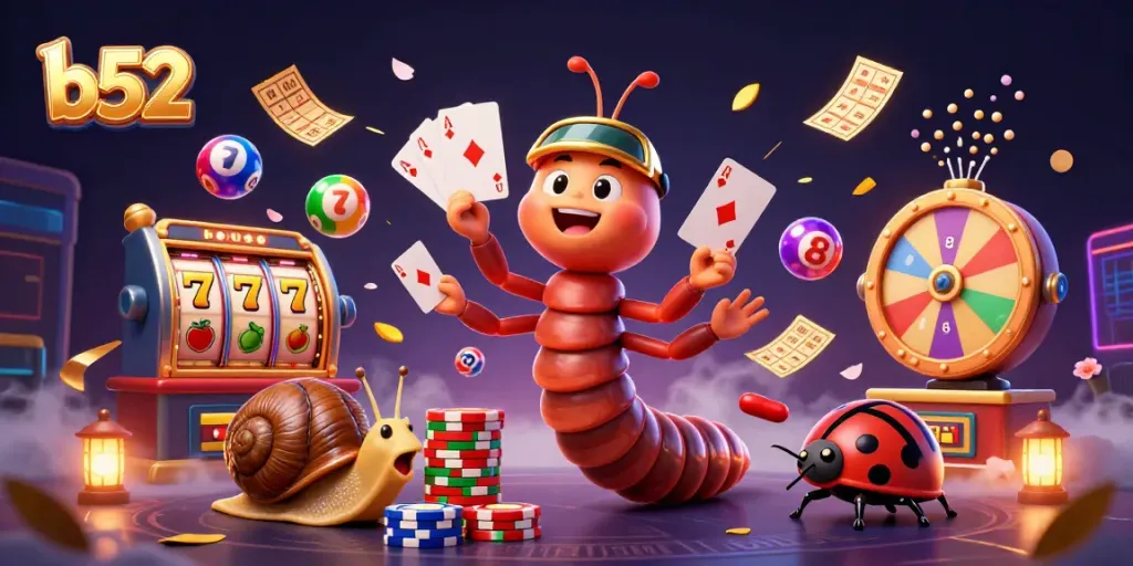 B52 online casino scene with a millipede dealer, colorful slot elements, and lively action.