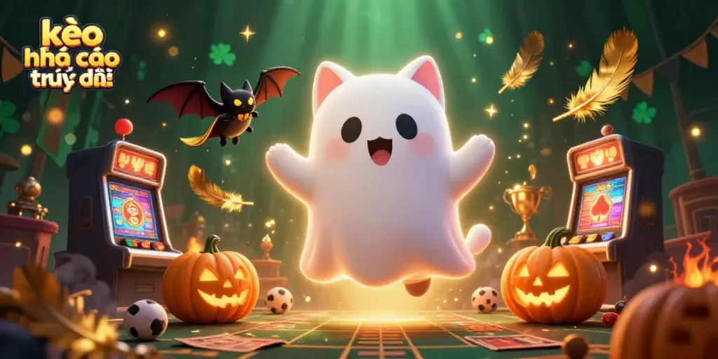 Engage with kèo nhà cái trực tiếp through a vibrant fantasy casino scene featuring a ghost cat and spooky decorations.