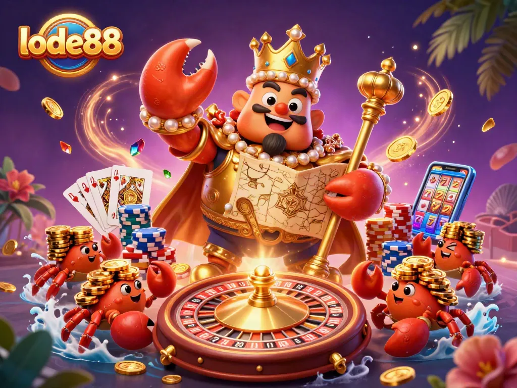 Lode88's golden crab emperor leads a vibrant casino scene filled with treasures and games.