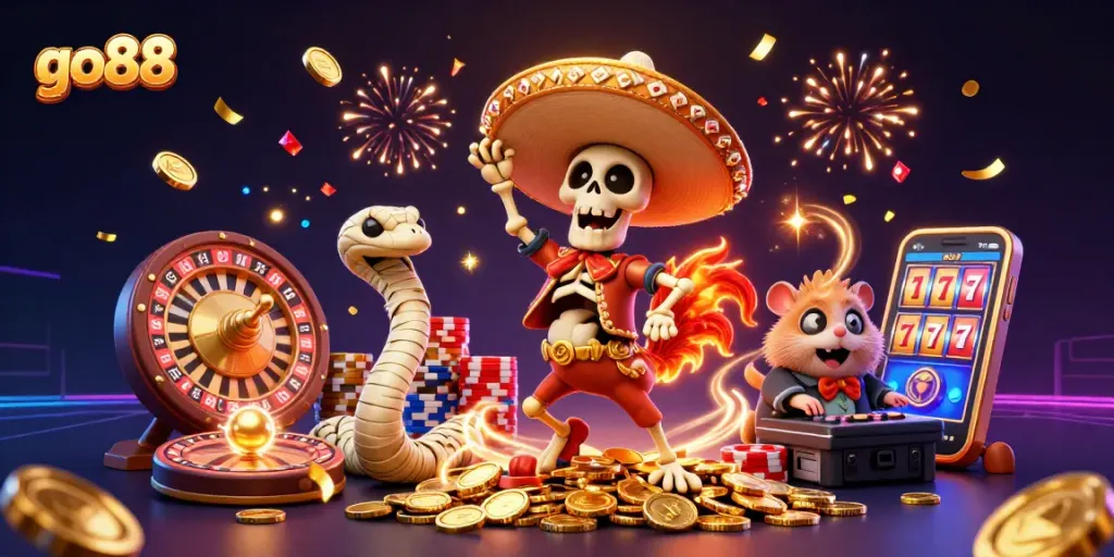 Experience the excitement of go88 with festive characters and shimmering casino elements.