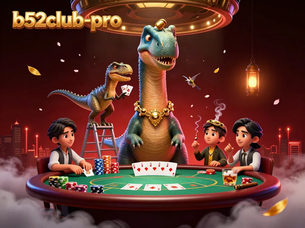 Experience thrilling poker action with b52club-pro as dinosaurs create a unique casino scene.