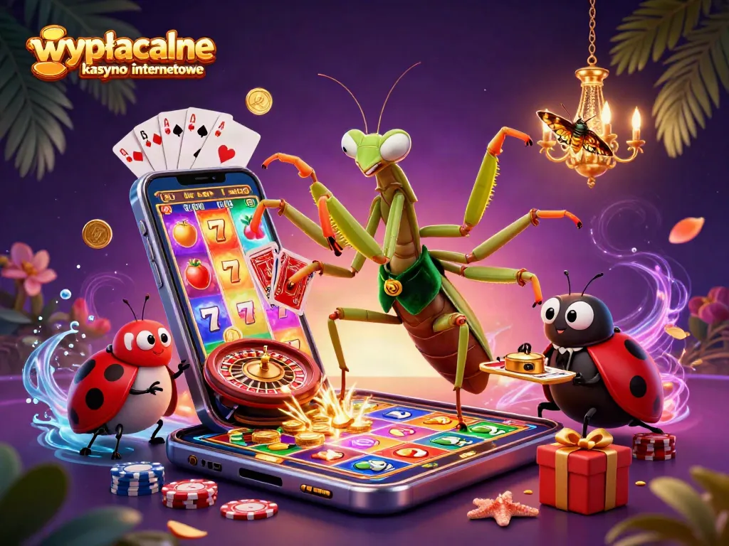 wypłacalne kasyno internetowe features a giant mantis and ladybug in a vibrant 3D casino scene.