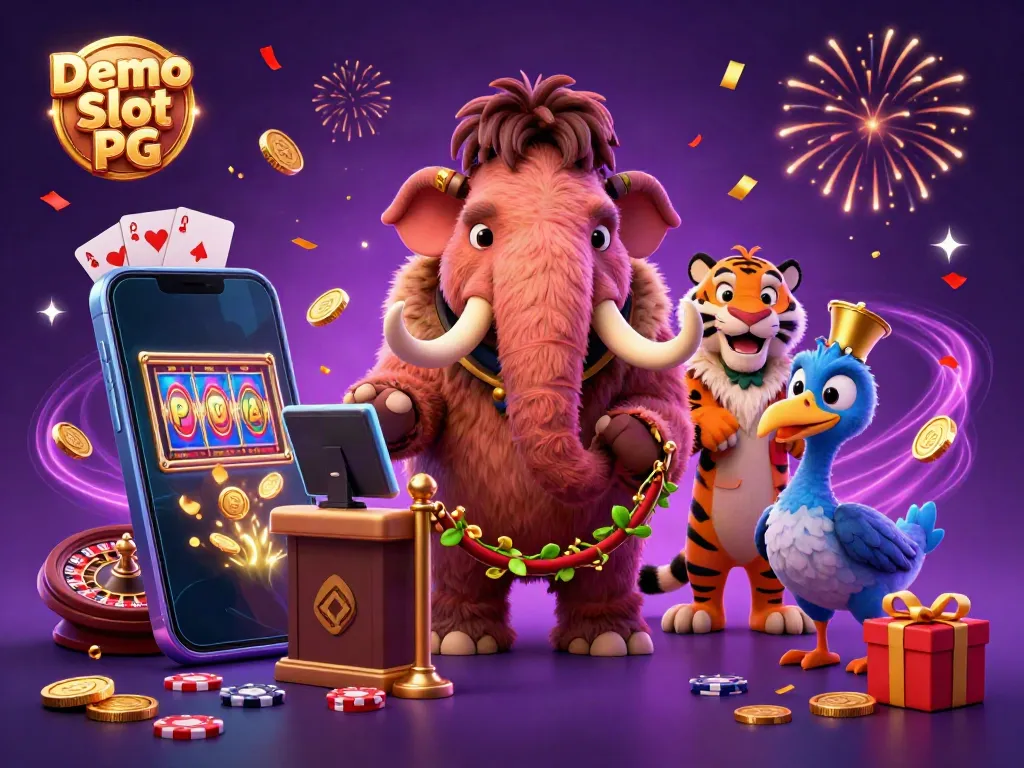 Experience Demo Slot PG with cartoon casino characters, spinning reels, and golden coins.