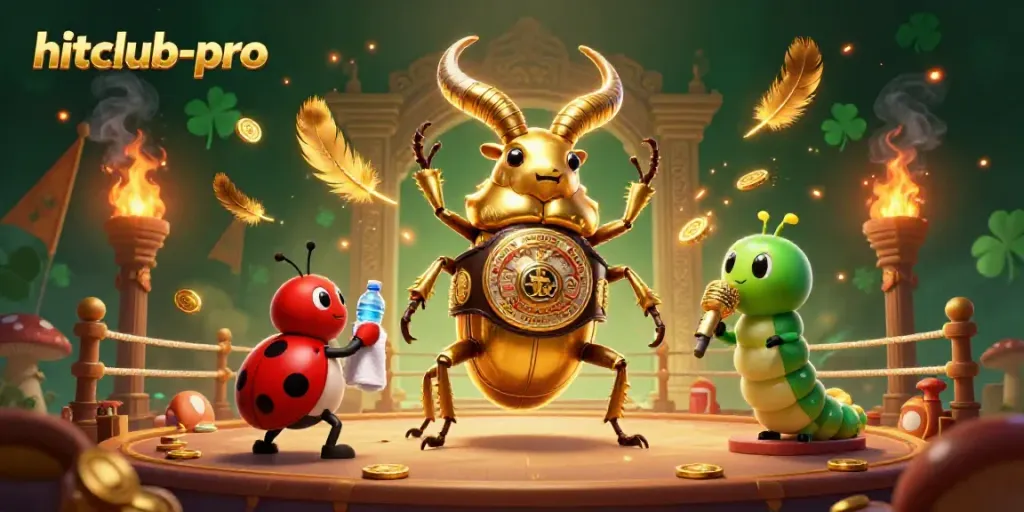 Immerse in Hitclub-pro’s vibrant casino battle showcasing a golden stag beetle champion amidst coins and casino motifs.