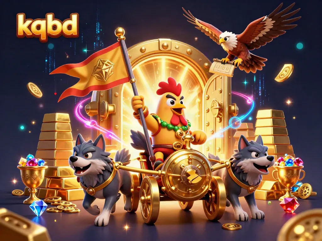 Engage with kqbd as a cartoon rooster warlord commands treasure in a vibrant fantasy gambling scene.