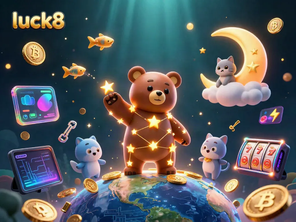 Experience the exciting world of gambling with luck8 as a constellation bear gathers coins amidst vibrant casino elements.
