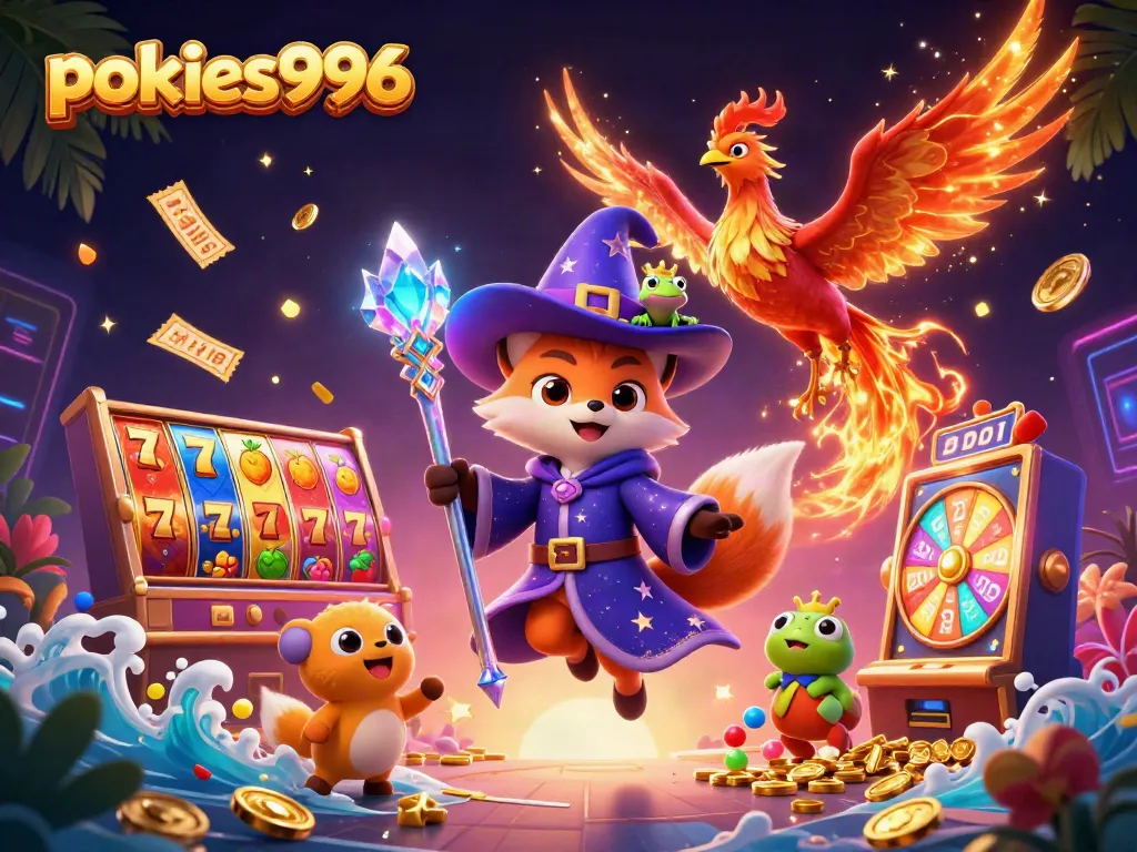 Experience the excitement of pokies996 with magical characters celebrating a jackpot