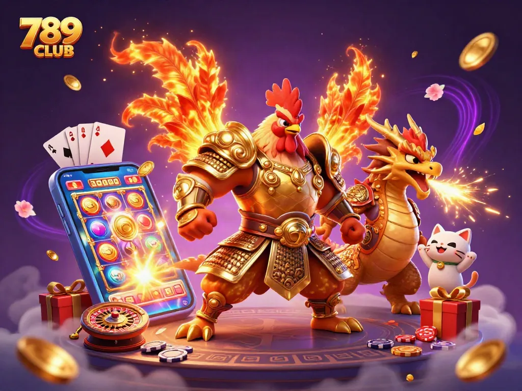 Experience the thrills of 789CLUB with a dynamic 3D scene featuring a fighting rooster and dragon amid casino games.