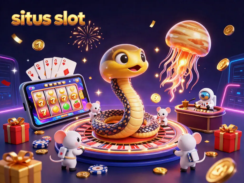Experience the excitement of situs slot with cartoon characters and dynamic casino elements in a vibrant 3D scene.