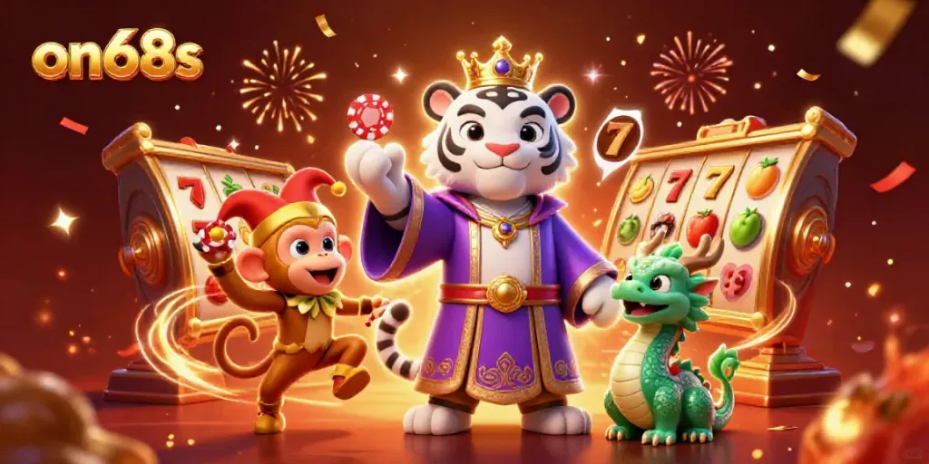Experience the thrilling world of on68s with a vibrant 3D casino illustration showcasing exciting slot reels and joyful characters.