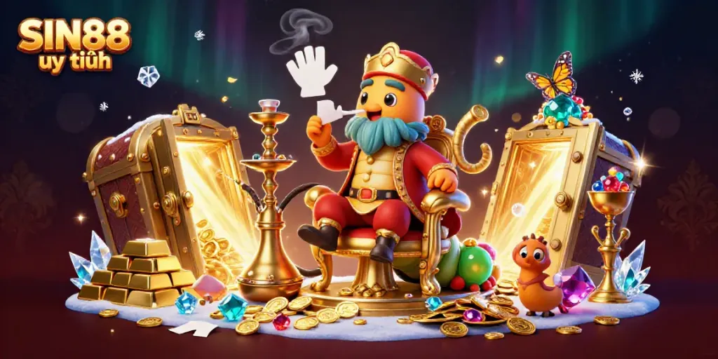 Engage with SIN88 uy tín through vibrant animated gambling symbols and treasures in an enchanting casino scene.