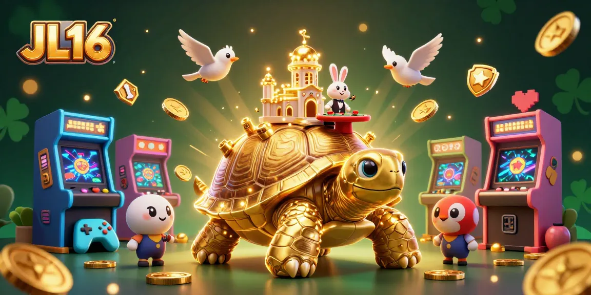 Engage in thrilling betting experiences with JL16's cartoonish casino scene filled with vibrant games and gold.