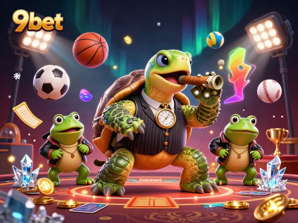 Engaging 3D rendering showcasing a 9bet-themed casino scene with a snapping turtle mobster, two bullfrogs, and dynamic sports elements.