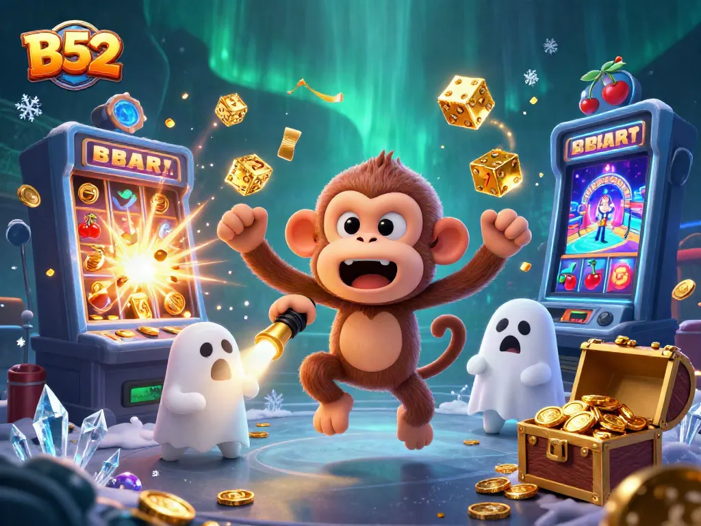 B52 themed illustration of a ghost-hunter puppy tracking a mischievous monkey in a haunted casino.