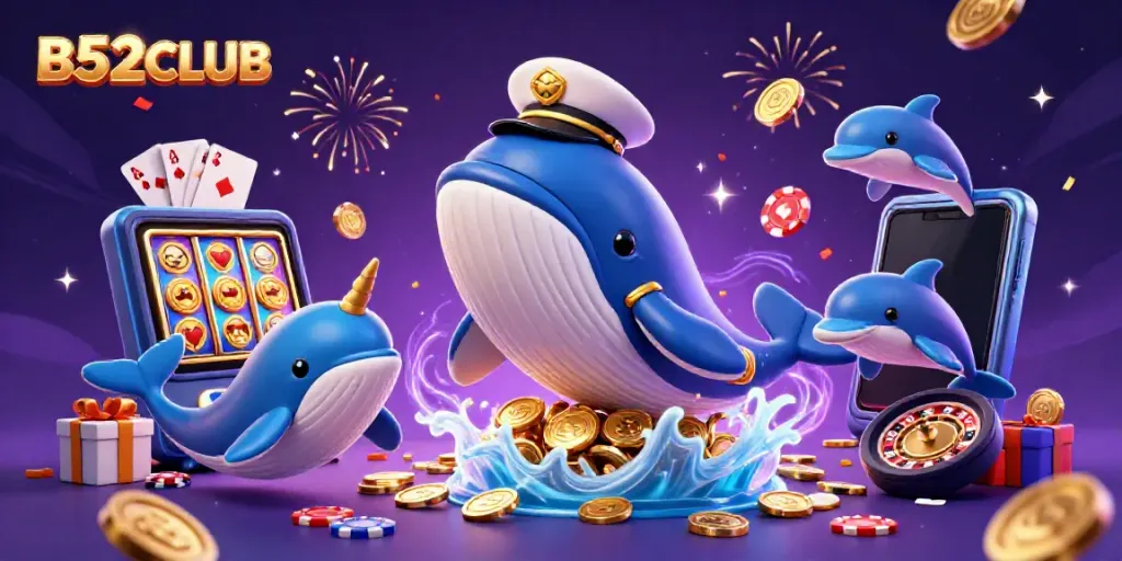 B52CLUB features a vibrant casino scene with a cartoon whale, narwhal, and dolphins playing with poker chips.