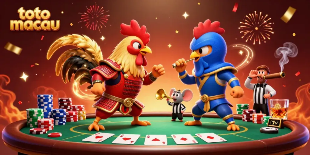 Ayam jantan bertarung dalam toto macau dengan kasino poker yang meriah.