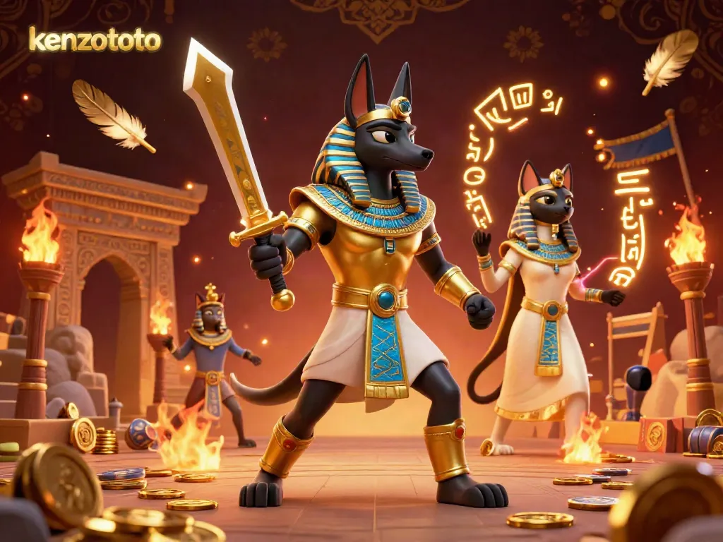 Kenzototo showcases Anubis and Bastet in a vibrant 3D Egyptian-themed casino illustration.