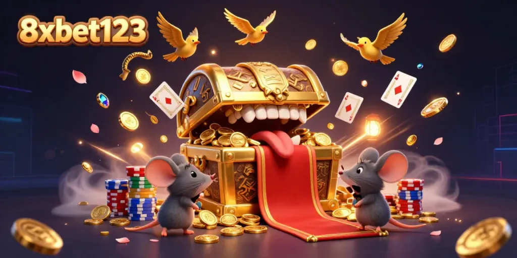 Experience the thrill of 8xbet123 with a treasure chest and casino elements bursting with gold and excitement.