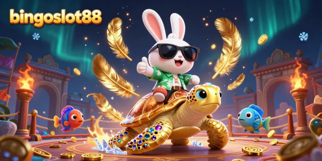 Gambarkan pengalaman bermain bingoslot88 dengan kelinci lucu dan penyu emas yang bersinar.