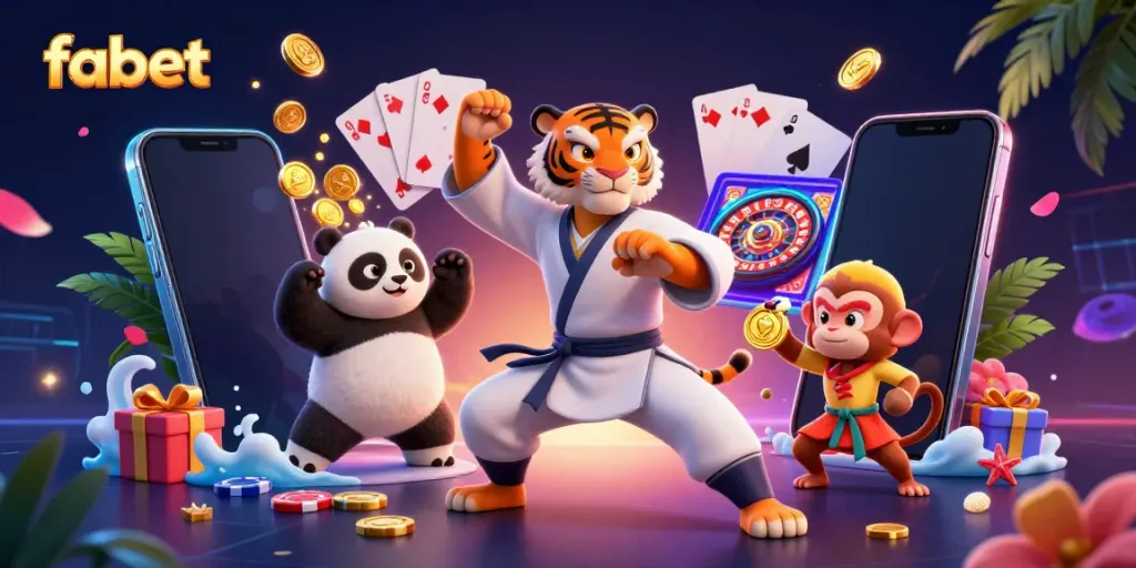 Experience the excitement of fabet with a dynamic 3D illustration featuring fun characters and casino elements.