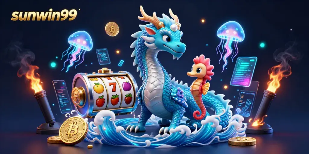 Engage with sunwin99's exciting slot adventures featuring a dragon, seahorse knight, and neon jellyfish.