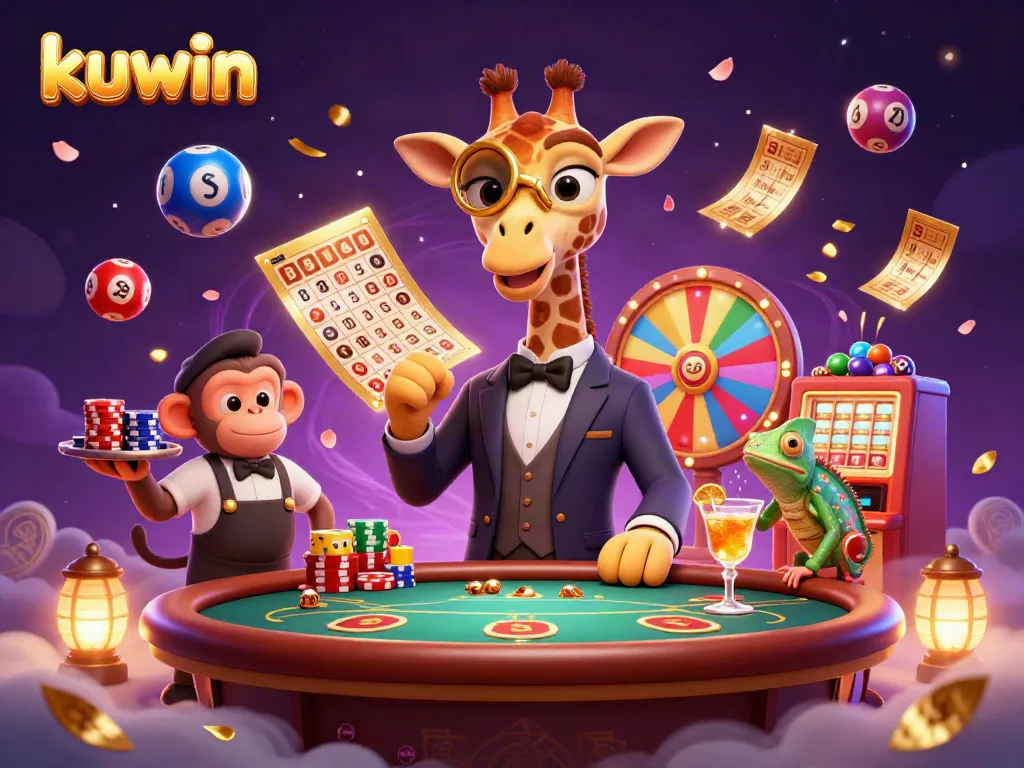 Kuwin high-roller giraffe at a VIP poker table amidst a vibrant casino scene.