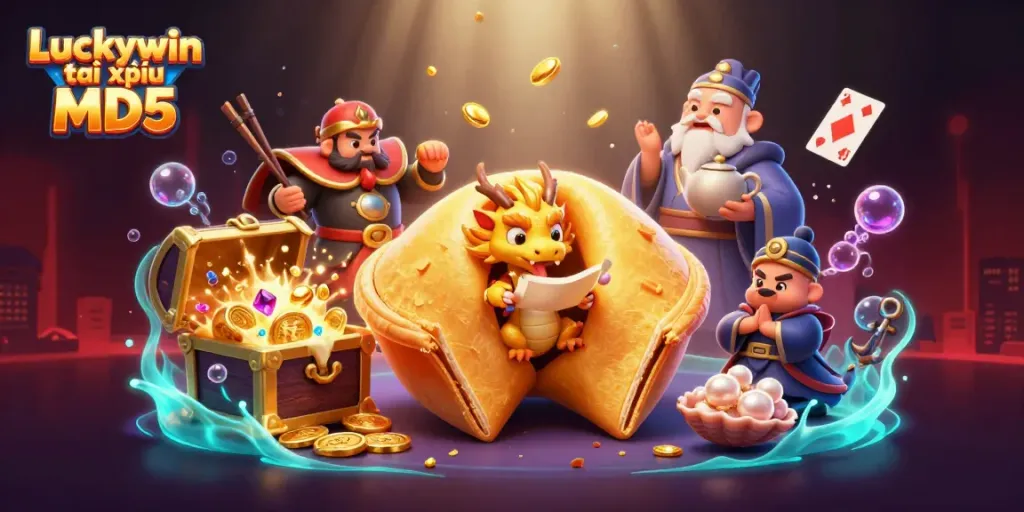 Experience the thrill of gaming with Luckywin tài xỉu MD5 featuring magical characters and gold.