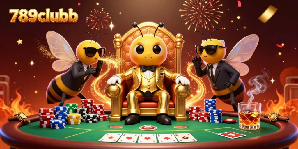 Engage with 789clubb's vibrant 3D illustration showcasing a bumblebee mob boss at a poker game.
