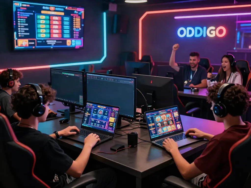 Players engaging with ODDIGO online gaming platform showcasing slot gacor hari ini in an immersive lounge environment.