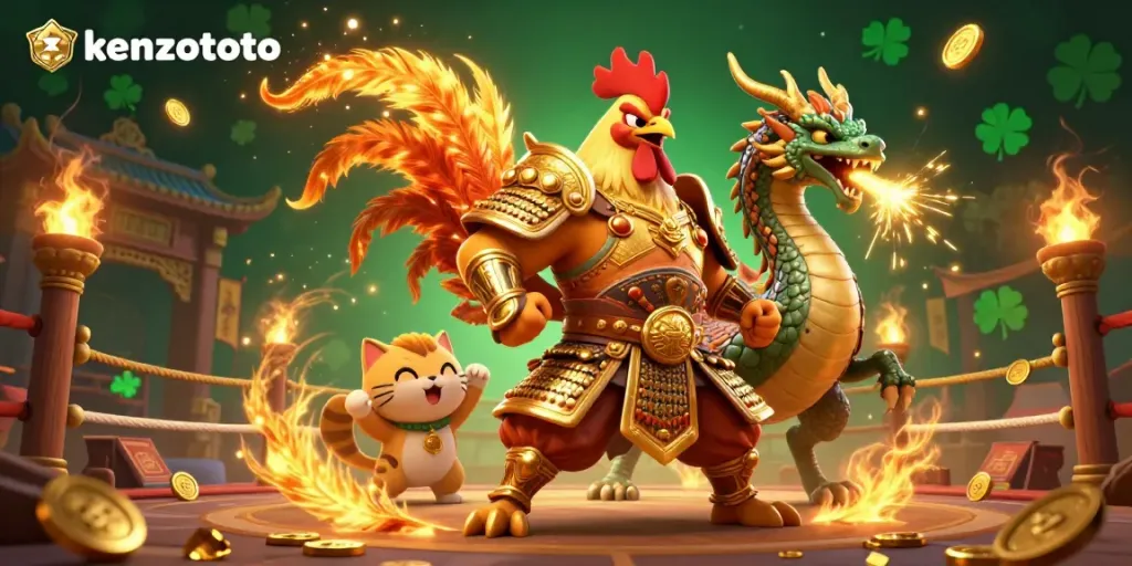 Experience thrilling wins with kenzototo's powerful fighting rooster warrior and dragon in an exciting gambling arena.